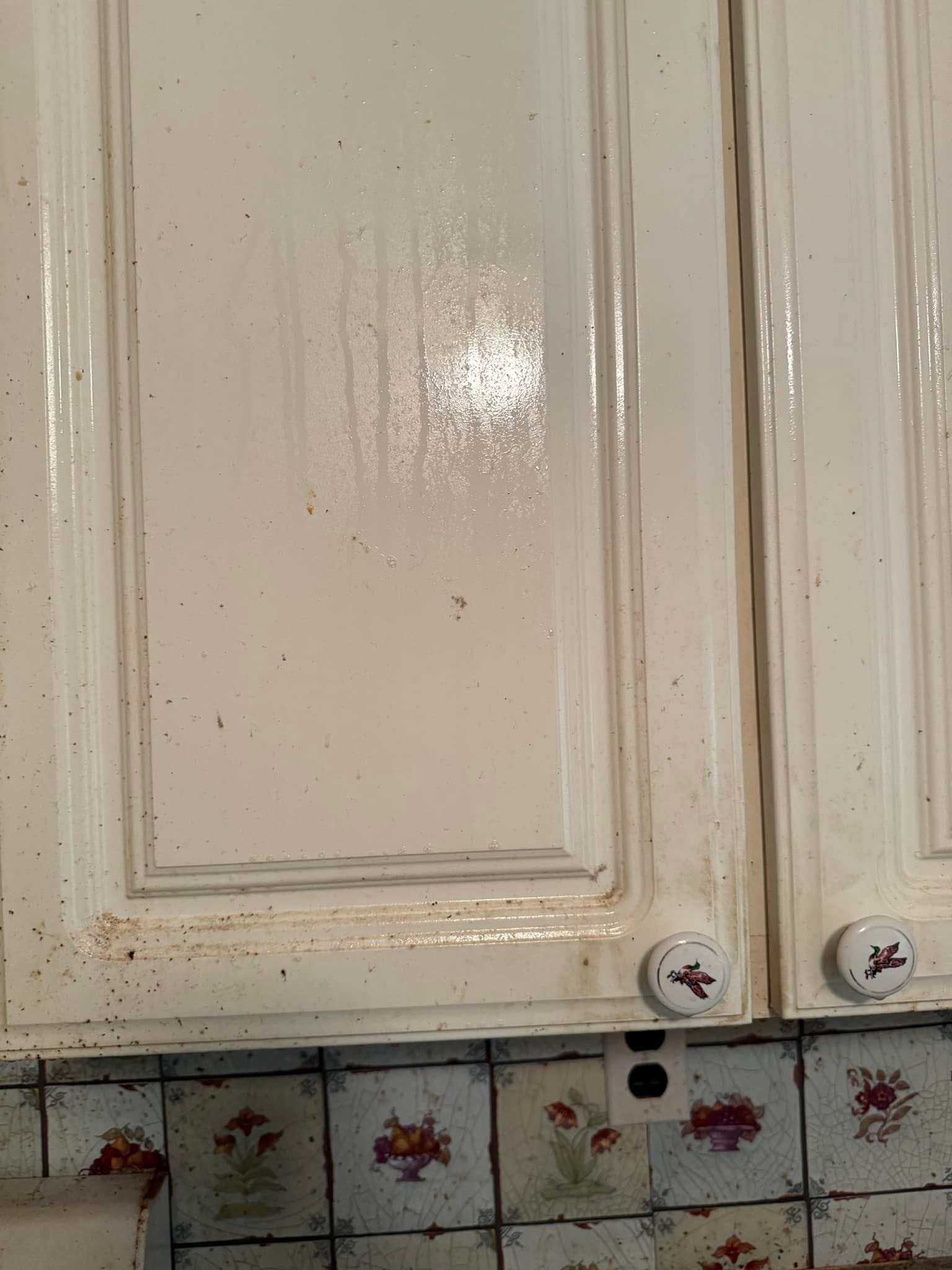 White kitchen cabinets with splatters before cleaning