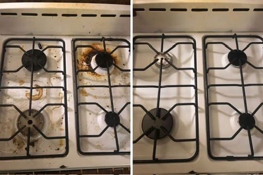 Side-by-side comparison of a white cooktop before and after cleaning