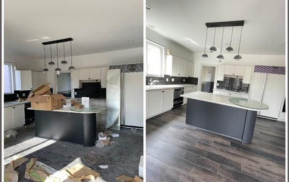 Side-by-side comparison of a kitchen before and after a full cleanup